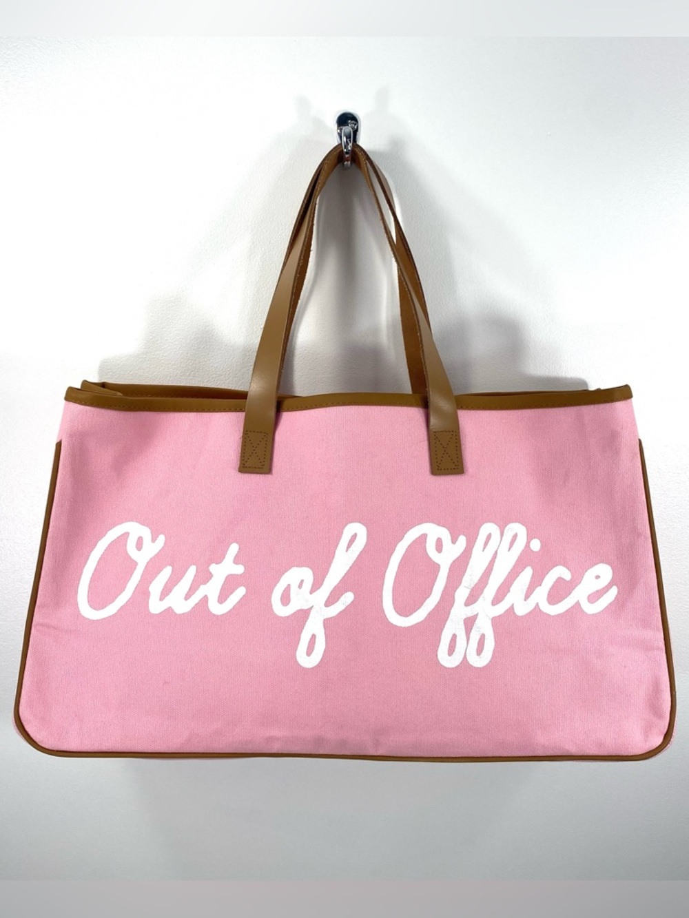 Slant Collections Pink Out of Office Cotton Canvas Tote Bag with Leather Handles